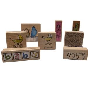 Wood Mounted Rubber Stamp Set Baby Pregnancy‎ Nursery Shower Craft Eight Pieces